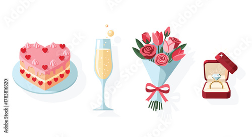 Romantic Celebration Elements Heart Cake Champagne Flowers Engagement Ring, Generative AI.