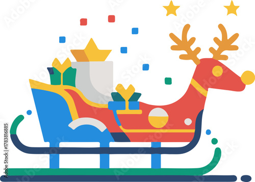 reindeer pulling sleigh with gifts, colorful flat vector, christmas celebration icon