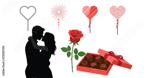 Romantic Couple Kissing Surrounded by Valentines Day Symbols, Generative AI.