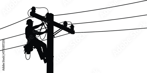 Electrical lineman working on power pole, utility worker repairing electrical cables, energy maintenance and safety concept, high voltage service vector illustration, isolated silhouette design