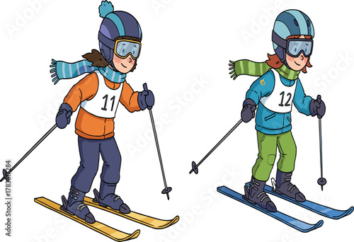 Joyful siblings enjoying a sunny winter ski vacation, learning to ski together on the snowy mountain slopes, active outdoor family sport holiday.