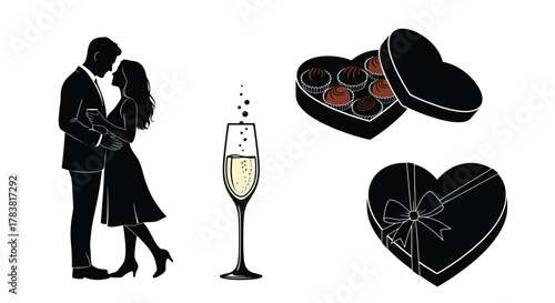 Romantic Couple Dancing With Champagne and Heart Shaped Chocolate Box, Generative AI.