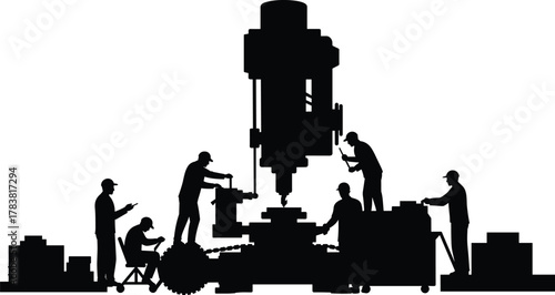 Factory workers operating heavy industrial machinery, teamwork in production process, manufacturing industry, machine maintenance, factory labor, engineering, and industrial workplace concept vector.