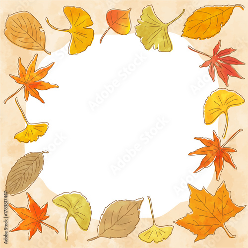 色とりどりに紅葉した落ち葉の正方形フレーム　やさしい手描き水彩タッチのベクターイラスト