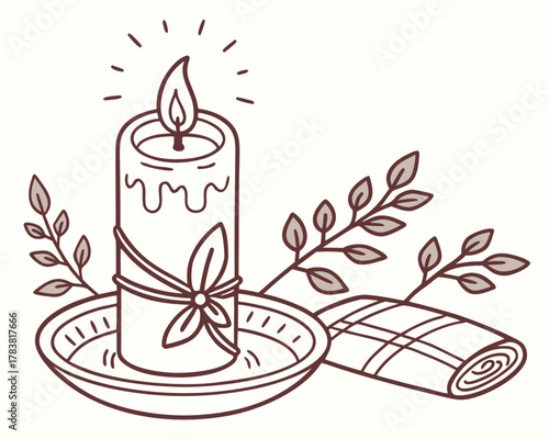 Aromatherapy candle with leaves and rolled towel illustration