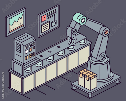 Automated factory production line with robotic arm and control panels