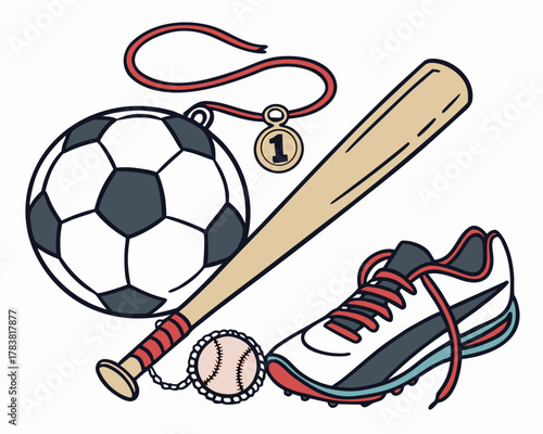 Collection of sports equipment and winning medal illustration