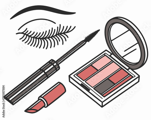 Collection of makeup products featuring mascara lipstick and eye shadow palette