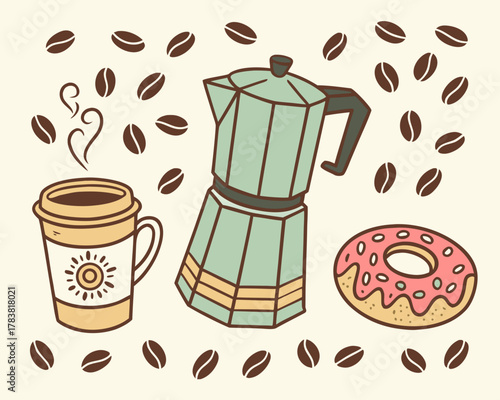 Cute coffee break with moka pot donut and coffee cup