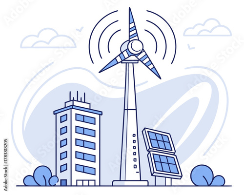 Modern city with renewable energy sources wind turbine and solar panels