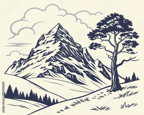 Majestic mountain landscape with lone tree and clouds