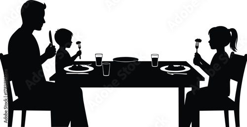Family dinner silhouette, father and children eating together at table, home mealtime concept, healthy food, family bonding vector illustration design