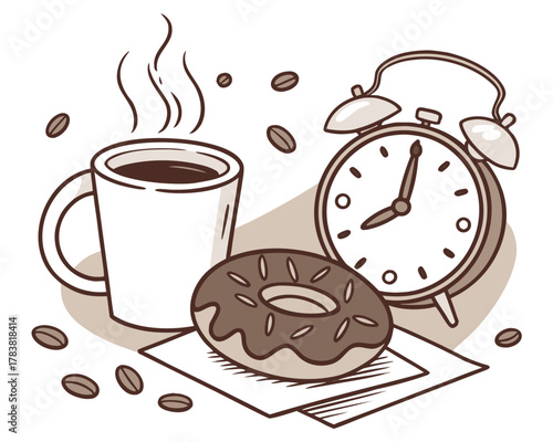Morning coffee and donut with alarm clock