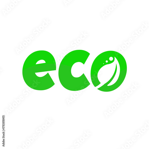 Eco word logo with green leaf, ecology concept vector icon