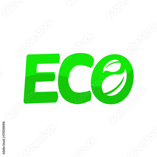 Eco word logo with green leaf, ecology concept vector icon