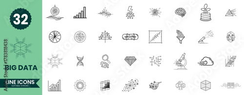 Big Data Line Icons Set 32 Analytics, AI, Machine Learning, Data Mining, Visualization, and Digital Intelligence Vector Symbols