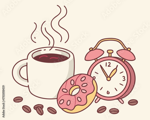 Morning coffee donut and alarm clock illustration