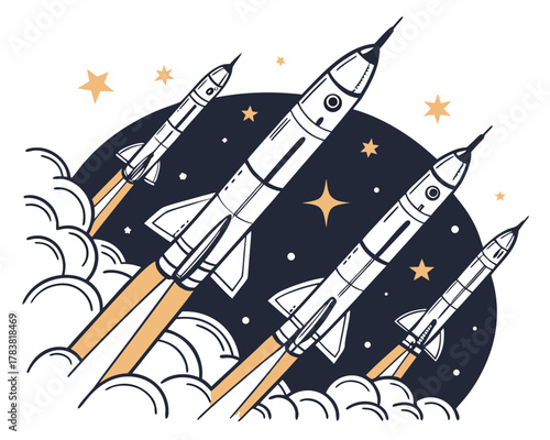 Multiple rockets launching into a starry night sky