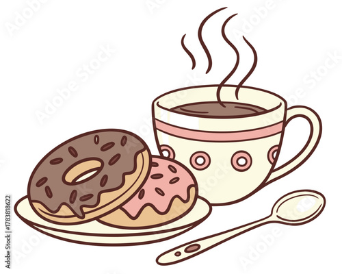 Sweet treats coffee break with donuts and hot beverage