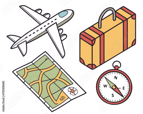 Travel essentials airplane suitcase map and compass icons