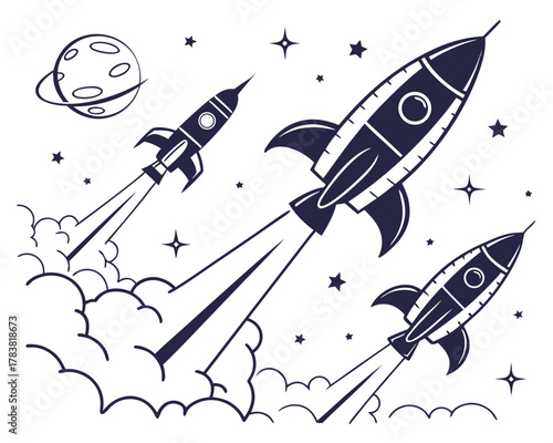 Three rockets launching into space with stars and a planet