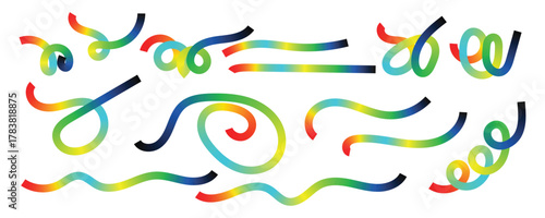 A vibrant and dynamic collection of colorful, abstract, wavy, and spiraling graphic elements, showcasing a rainbow gradient of red, orange, yellow, green, blue, and purple hues