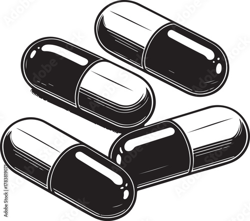 Black and White Capsules Scattered on White Background