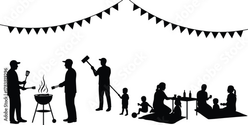 Family outdoor barbecue picnic silhouette, friends grilling food, children playing together, summer celebration party scene, festive bunting decoration, leisure weekend activity vector illustration