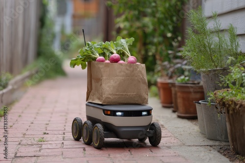 Autonomous delivery robot carrying fresh radishes eco friendly urban on transparent background