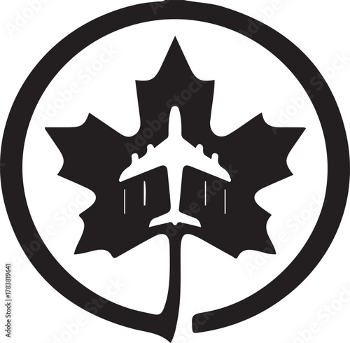 Canadian maple leaf with airplane silhouette inside circle logo