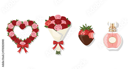 Valentines Day Gift Set Featuring Heart Rose Wreath Bouquet Chocolate Strawberry and Perfume Bottle, Generative AI.