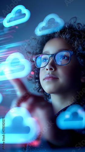 Child interacting with virtual cloud icons, digital technology and data concept.  
