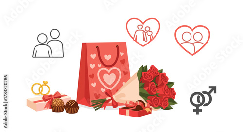 Valentines Day gift set with flowers and chocolates for couples, Generative AI.