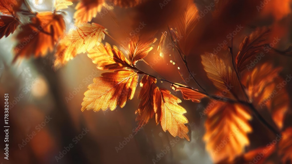 Fototapeta premium Close-up of orange autumn leaves lit by sunlight against a warm, blurred background. Concept Autumn leaves close-up, Sunlit orange foliage, Golden hour bokeh background, Nature photo detail