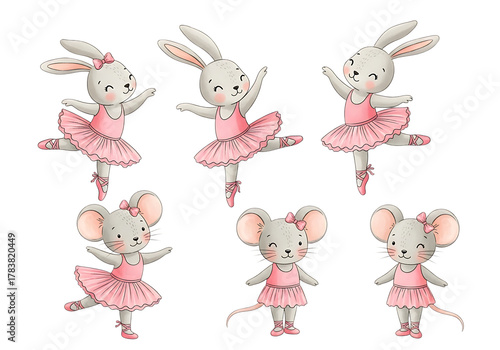 Cute Animal Ballerinas Dancing Cartoon Illustration with Rabbits and Mice