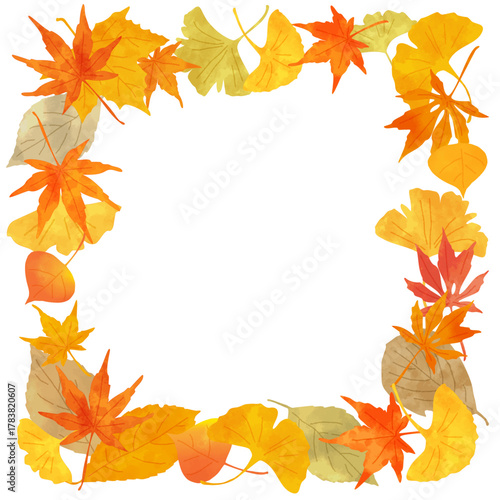 色とりどりに紅葉した落ち葉の正方形フレーム　ぬくもりのある手描き水彩風ベクターイラスト