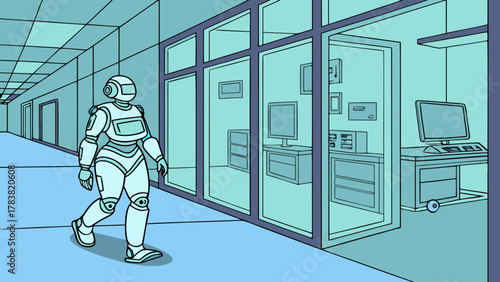 Neon Robot Delivering Medicine in Futuristic Hospital Vector Illustration