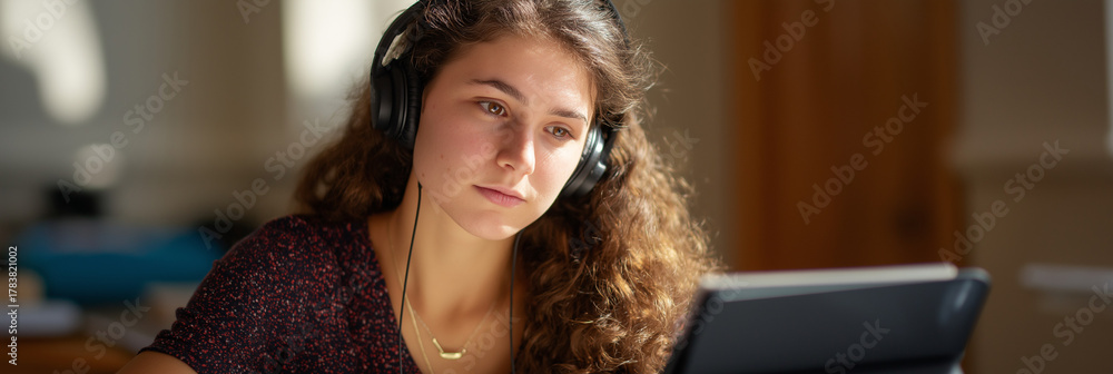Fototapeta premium A dedicated student immersed in an online learning experience, showcasing concentration and intellectual engagement as she interacts with her tablet in a warm study environment.