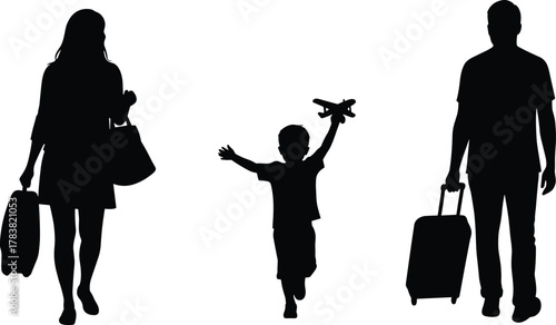 Family travel silhouette, parents walking with luggage, happy child running with toy airplane, vacation trip together, holiday tourism adventure vector illustration design