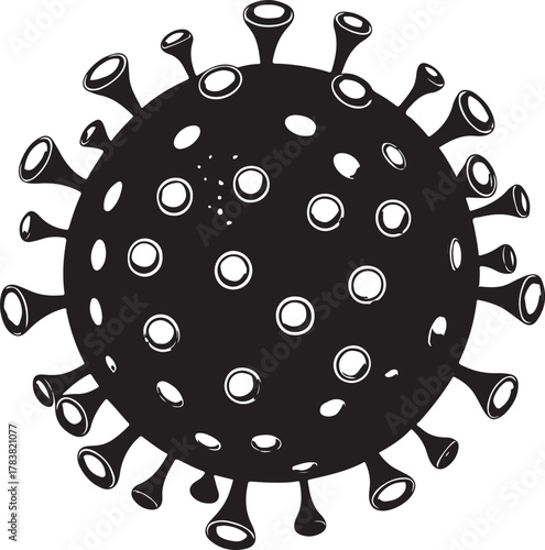 Black and white illustration of a virus particle coronavirus