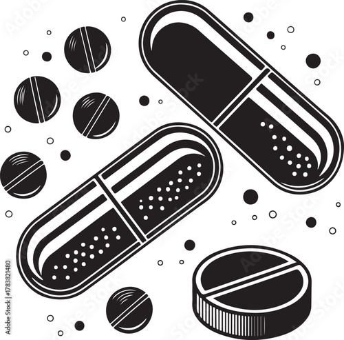 Assorted pills and capsules on a white background medicine