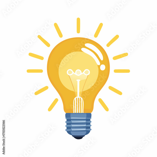 Illustration of a lit Incandescent Light Bulb with Glowing Filament and Rays of Light Emanating on a White Background