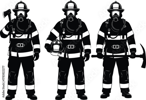 Firefighters team silhouette, emergency rescue workers, fire safety professionals with axes and helmets, firefighting uniform illustration, vector design, protection equipment, hero concept.