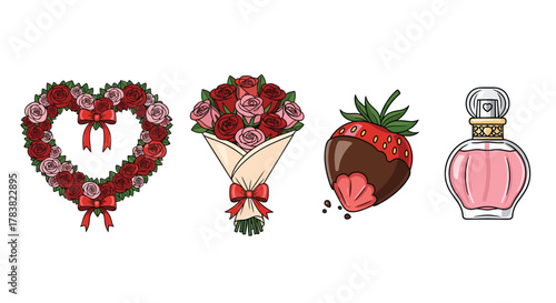 Valentines Day Symbols Heart Flowers Chocolate Strawberry Perfume, Generative AI.