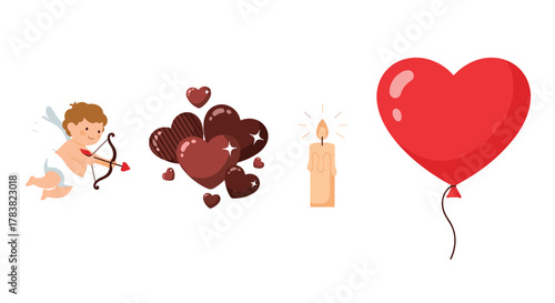 Valentines Day symbols including cupid chocolate hearts candle and balloon, Generative AI.