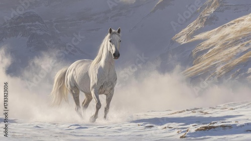 A white horse gallops across a snowy alpine landscape, with mountains in the background. Concept Snowy alpine landscape, White horse in motion, Snow-capped mountains, Winter light and action