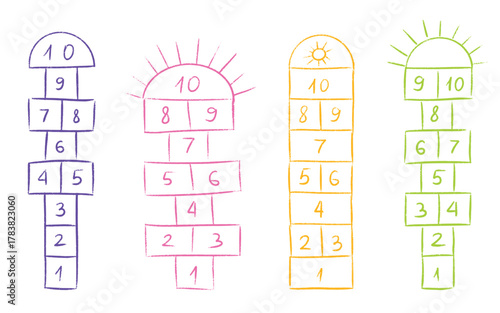 Hopscotch game templates in colorful chalk style with numbered squares from one to ten. Playground hop and scotch street activity layouts for kid recreation and school yard entertainment.