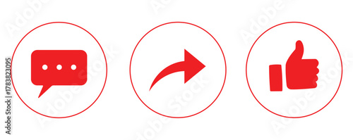 Red Social Media Engagement Icon Set Showing Comment, Share, and Like Symbols in Circular Outline