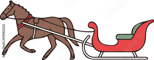 Horse drawn sleigh flat vector illustration for winter holiday travel