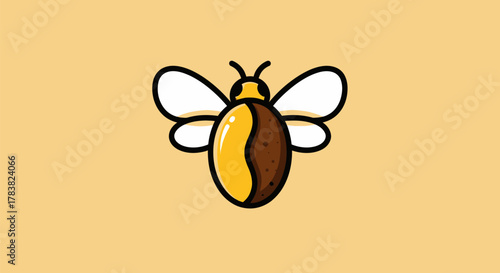 Cute cartoon bee with yellow and brown body and white wings.